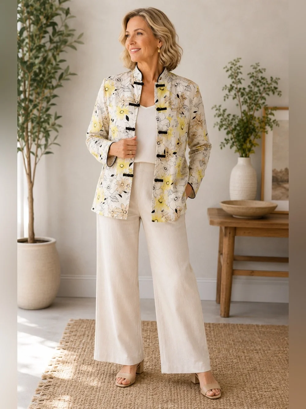 Pendleton Petite 8P Silk Linen Floral Mandarin Collar Frog Closure Jacket - Picture 16 of 16